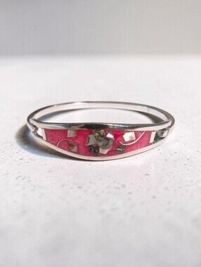 Vtg Taxco Mexico Sterling Silver Pink Mosaic Shell Inlay Hinged Bangle Bracelet